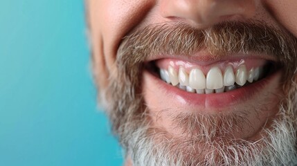 Senior man with gray beard smile showing teeth close up isolated on blue with copy space. Elderly man's healthy natural white teeth and widely smiling. Senior man dental health poster concept. - Powered by Adobe