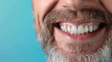 Fototapeta premium Senior man with gray beard smile showing teeth close up isolated on blue with copy space. Elderly man's healthy natural white teeth and widely smiling. Senior man dental health poster concept.