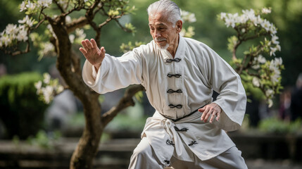 Venerable Grand Master of Tai Chi Chuan demonstrates Exercises Wallpaper Background Magazine Brainstorming Poster Martial-Arts Digital Art Cover 