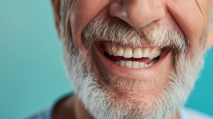 Senior man with gray beard smile showing teeth close up isolated on blue with copy space. Elderly man's healthy natural white teeth and widely smiling. Senior man dental health poster concept.