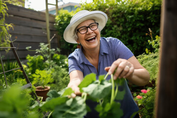 Smiling senior woman working in garden. an elderly woman grows vegetables in the garden