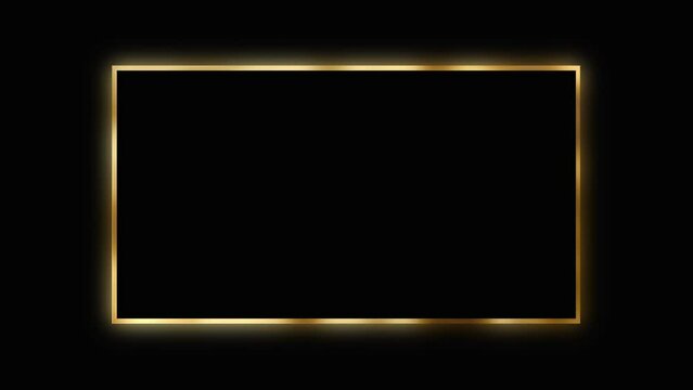 On a black background, a black rectangle frame with a gold border, free space for text and product advertising. Animation of a luxury frame in a minimalism style.