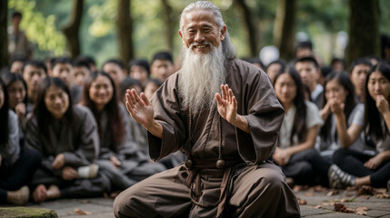 Obraz premium Venerable Grand Master of Tai Chi Chuan demonstrates Exercises Wallpaper Background Magazine Brainstorming Poster Martial-Arts Digital Art Cover 