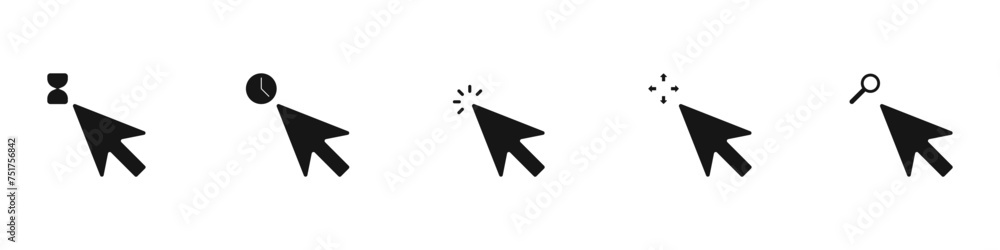 Poster cursor vector icon set. set of black arrows. computer cursor vector. arrow with clock and hourglass 