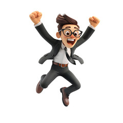 3D cute style successful male businessman jumping with joy on transparent background png