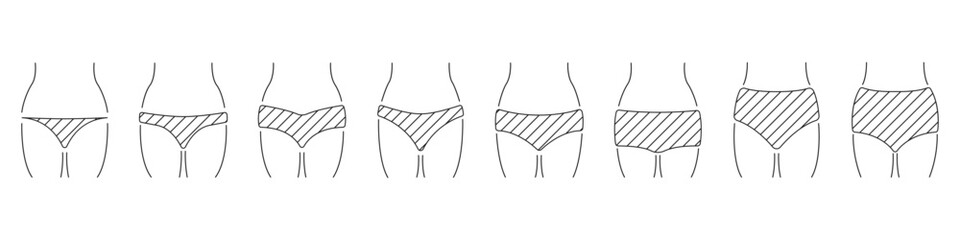Vector collection of types of women underwear. Women underwear set. Panties in linear style vector. Types of underwear vector. Underwear. - obrazy, fototapety, plakaty