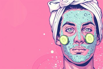 Vibrant pop art illustration of a person with a turquoise face mask, cucumber slices over eyes, and a white towel turban against a pink background.