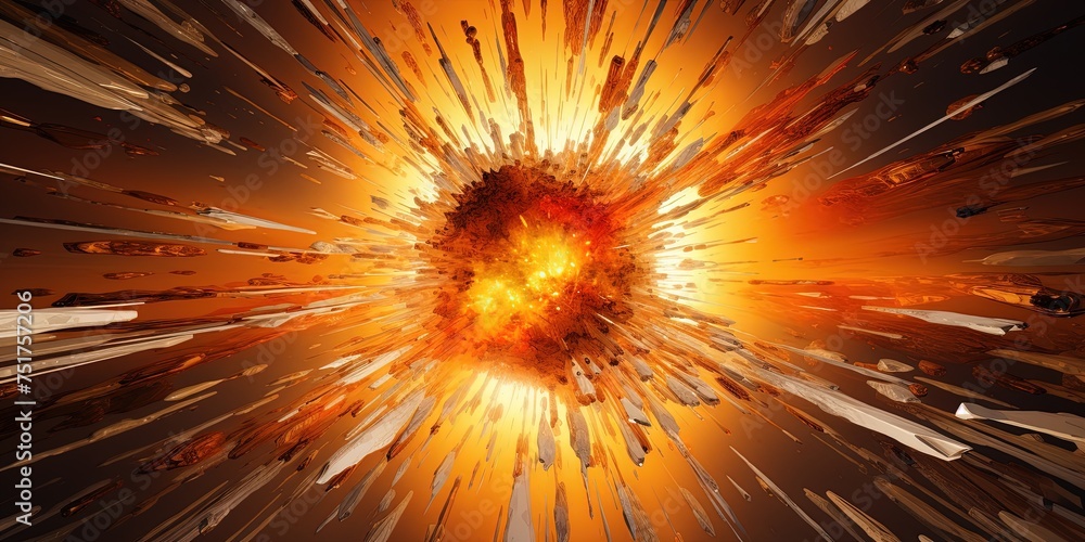 Poster intense abstract representation of an explosive burst centered around a bright orange sphere