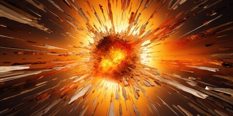 Intense abstract representation of an explosive burst centered around a bright orange sphere