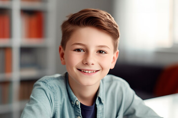 portrait of a schoolboy sitting at a school desk on the white wall background generative AI