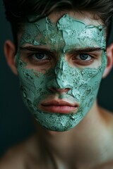 Intense portrait of a young man with a cracked green facial mask.