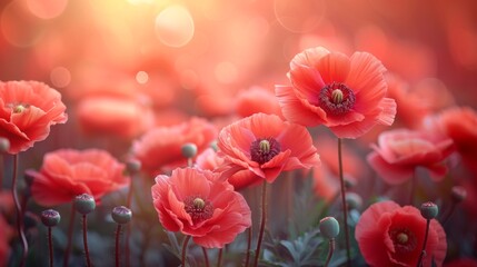 Obraz premium A field of red poppies with the sun in the background