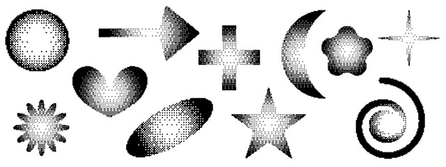 Pixel y2k geometric shape set. Star, heart, spiral pixel retro design. Bitmap y2k element grain. Vector illustration