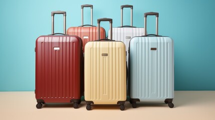 Stylish suitcases on color background