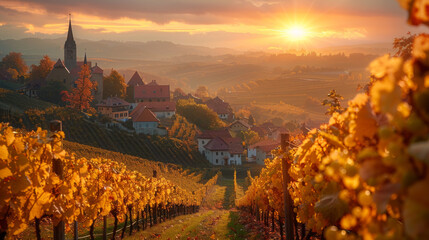 Splendid vineyards landscape in South Styria near Gamlitz. Autumn scene of grape hills in popular travell destination. - obrazy, fototapety, plakaty