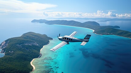 luxury private jet,aero taxi flies over a breathtaking tropical landscape, highlighting exclusive...