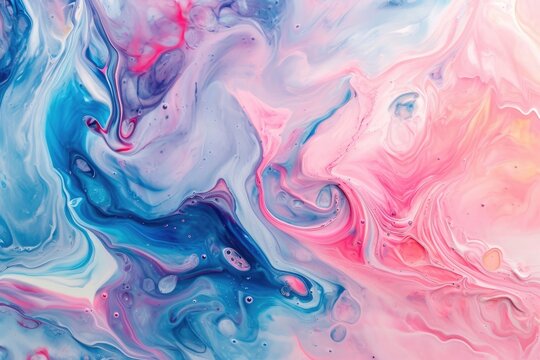  close-up of an abstract fluid art painting features swirls of blue, pink, and purple in a marbled pattern, creating a dreamlike and ethereal feel.