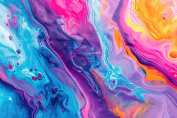 close-up of an abstract acrylic painting features bright swirls of color in a marbled pattern,...