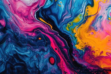 close-up of an abstract acrylic painting features swirling blues, greens, yellows, and oranges in a wave-like pattern, with a dark void space in the center, creating a sense of movement and mystery.