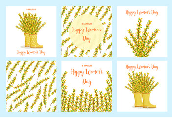 Vector set for Happy Women's Day holiday. Spring floral illustration with yellow forsythia flowers.