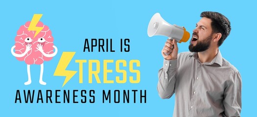 Banner for Stress Awareness Month with angry man with megaphone
