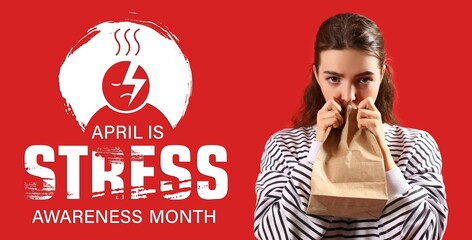 Banner for Stress Awareness Month with woman with paper bag having panic attack