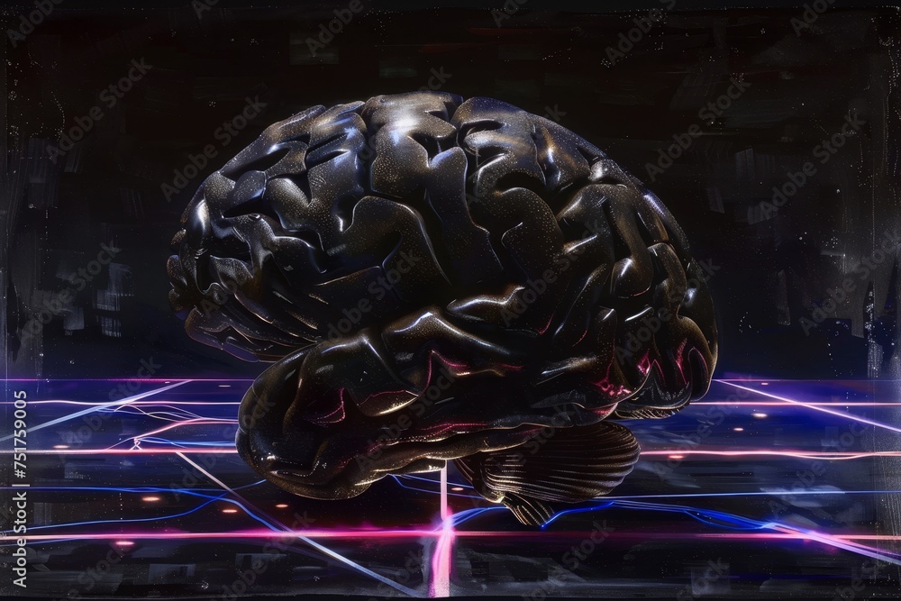 Poster a reflective brain floating over neon circuitry, conceptualizing intelligence and digital networks.