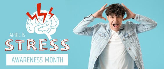 Banner for Stress Awareness Month with angry man