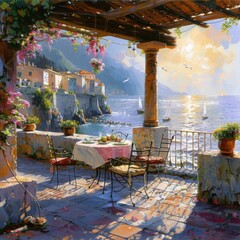 A painting of a patio with a table and chairs