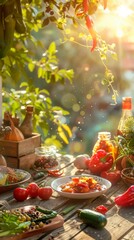 A wooden table topped with plates of food