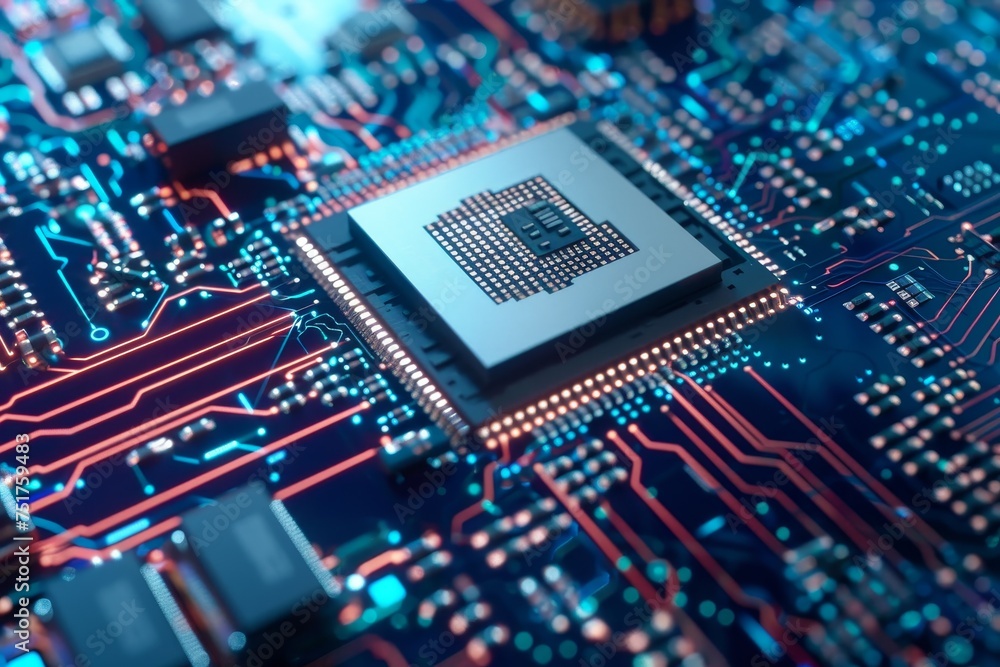 Poster microprocessor on a circuit board with glowing blue and red pathways.