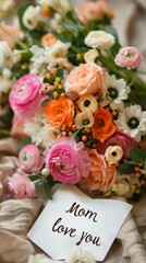 A bouquet of flowers with a note that says mom love you