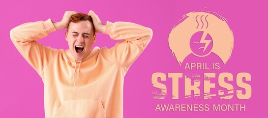 Banner for Stress Awareness Month with angry man