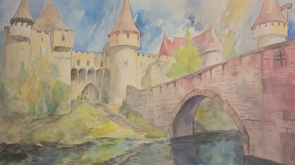 Cyberpunk castle with neon aurora reflections in the moat watercolor minimalist water color