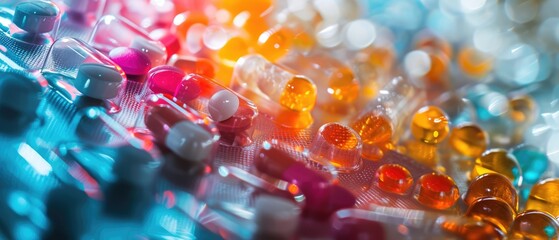 A close-up of a pile of colorful, loose medication on a table. The pills are various shapes and sizes, with bright colors and some transparency. - Powered by Adobe