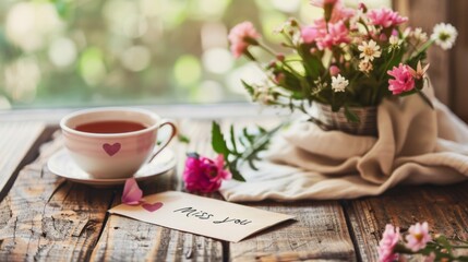 A cup of tea and a note with a heart on it