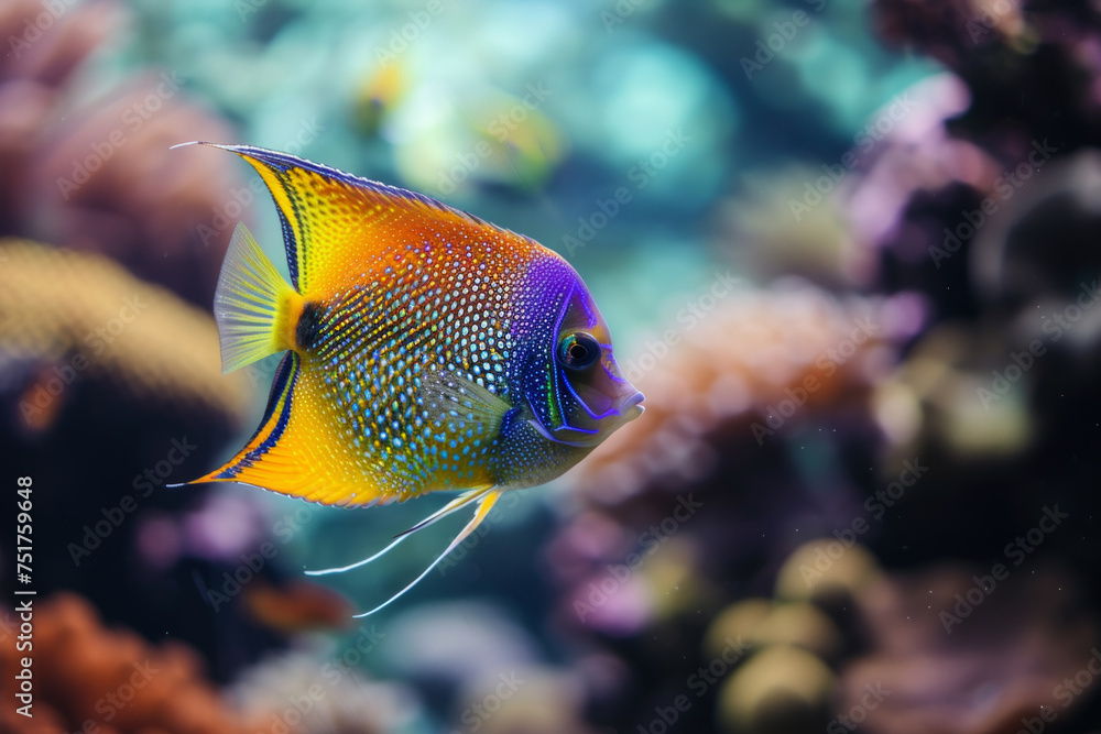 Wall mural A colorful fish swimming in a coral reef. The fish is bright blue and yellow with red markings. The scene is peaceful and serene, with the fish swimming gracefully through the water - Wall murals