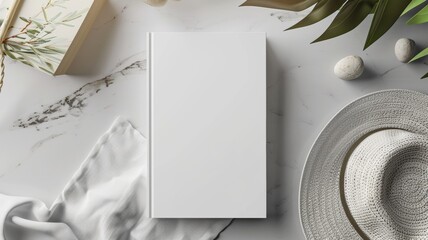 Hardcover closed blank book mockup on gray marble background, top view, flat lay, minimalism