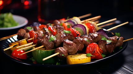 Grilled meat and vegetables on skewers. shish kebab ,close-up of skewers with cubed lamb & beef on...