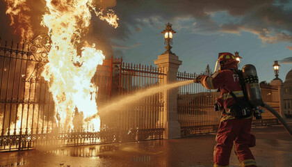 A fireman puts out a fire at a gate.