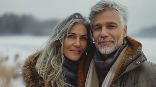  Senior couple close-up with winter backdrop.