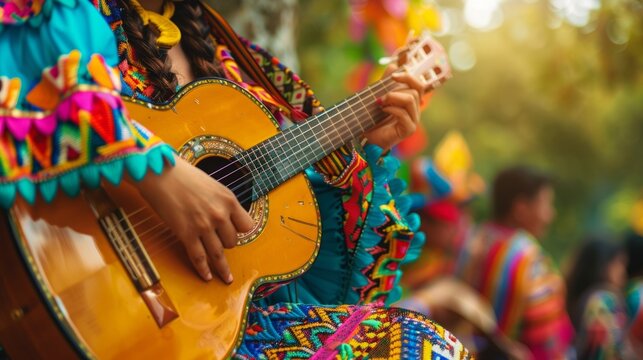 Close up of woman's hands playing guitar, dressed up in traditional mexican dress