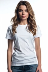 Fototapeta premium Casually Chic: Young White Woman in Neatly Ironed White Round Neck T-Shirt and Jeans, Against a Clean White Background