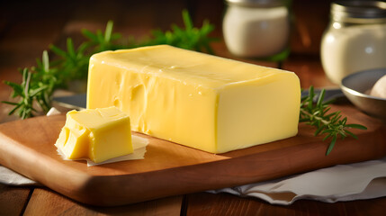A Delectable Block of Freshly Churned and Slightly Salted Butter on a Rustic Setting