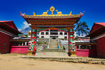 Tengboche Monastery situated at 3867 meters is the largest Tibetan monastery, also called Dawa Choling gompa in Tengboche village,Nepal - obrazy, fototapety, plakaty