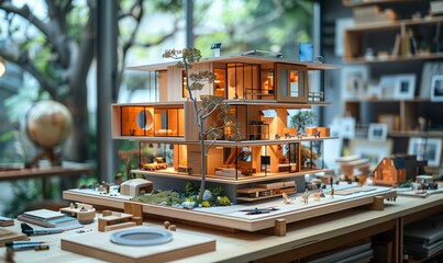 An architectural model of a building is displayed on a wooden table, showcasing urban design and leisure concepts. The facade, roof, windows, and tree add detail to the miniature city art