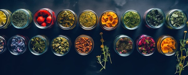 Different herbal teas made from natural herbs, showcased from above with room for text.