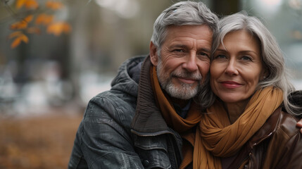 Affectionate senior couple embracing outdoors in autumn.