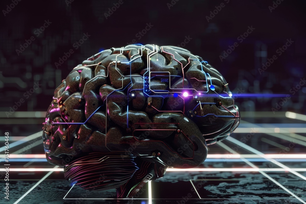 Poster futuristic brain concept with digital circuits, 3d animation.