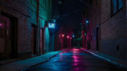Alley Night With Purple And Blue Neon Lights